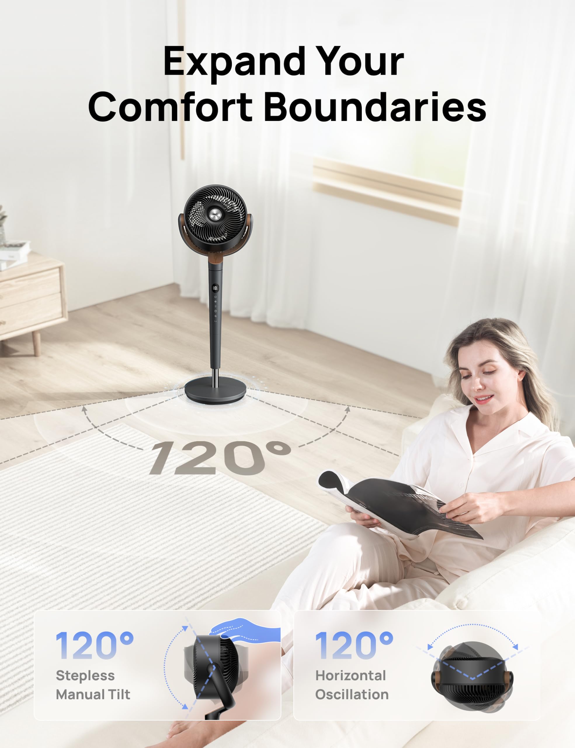 Dreo Fan for Bedroom, 120° Oscillating Standing Fans, Quiet Floor Fan with DC Motor, 100ft Pedestal Fans for Room, 9 Speeds, 4 modes, 20dB, 120° Manual Vertical, 37-42