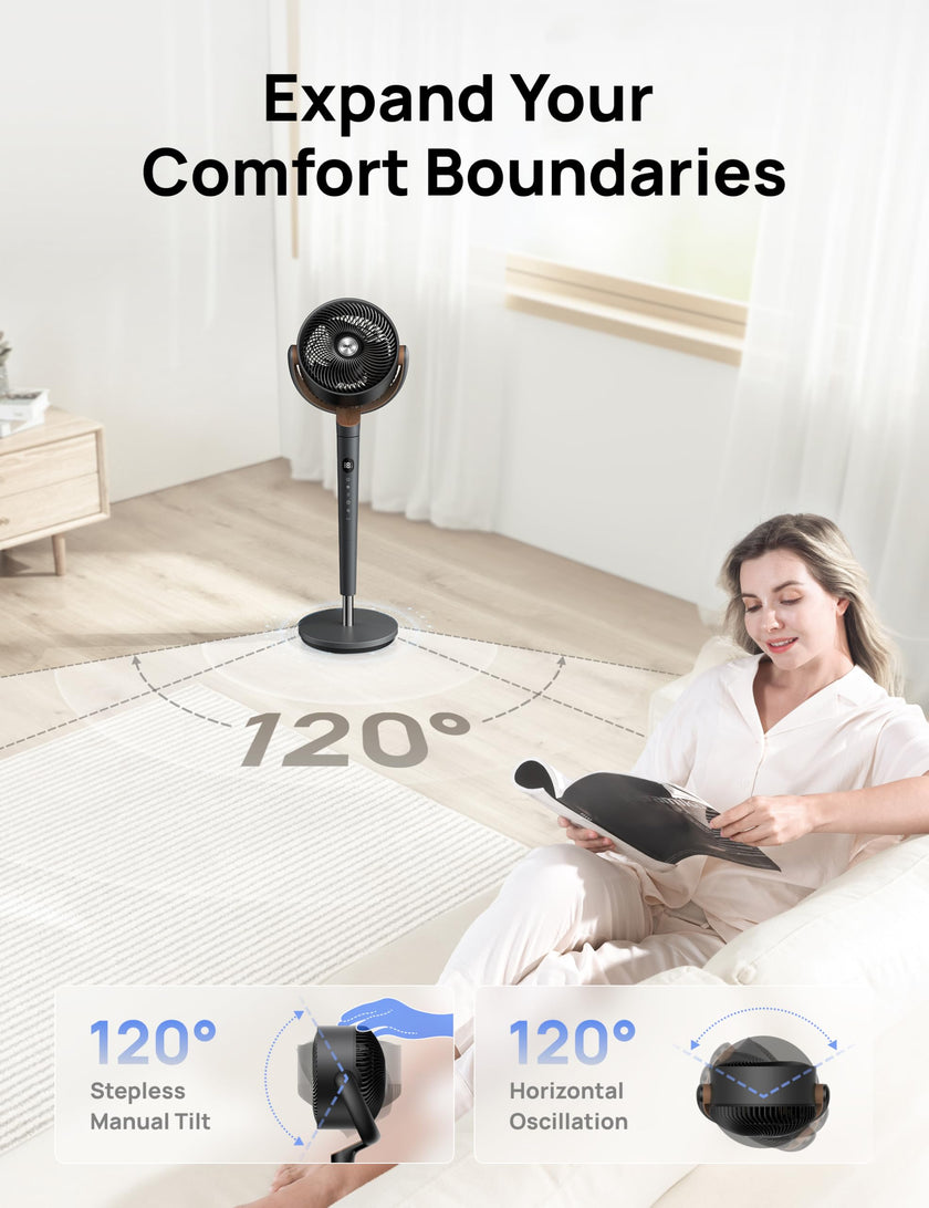Dreo Fan for Bedroom, 120° Oscillating Standing Fans, Quiet Floor Fan with DC Motor, 100ft Pedestal Fans for Room, 9 Speeds, 4 modes, 20dB, 120° Manual Vertical, 37-42