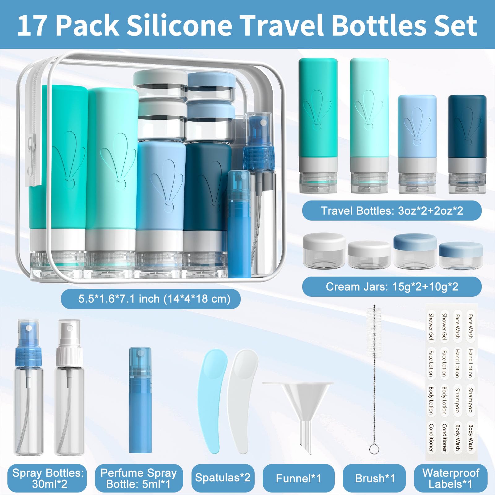 INSFIT 17 Pack Travel Bottles for Toiletries, TSA Approved 90ml 60ml Travel Size Toiletries, BPA Free Leak Proof Squeezable Silicone Tubes Travel Essentials for Shampoo Conditioner Lotion Soap 🍁 All In One Marketplace Canada