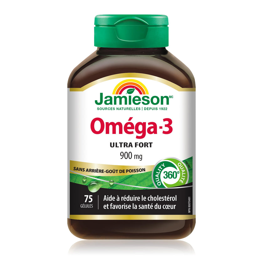 Jamieson Ultra-Strength Omega-3 900 mg, No Fishy Aftertaste, Supports Heart, Brain, and Eye Health, Arthritis Support. High Potency, with EPA and DHA, Non-GMO, Gluten-Free, 75 Softgels, Proudly Canadian 🍁 All In One Marketplace Canada
