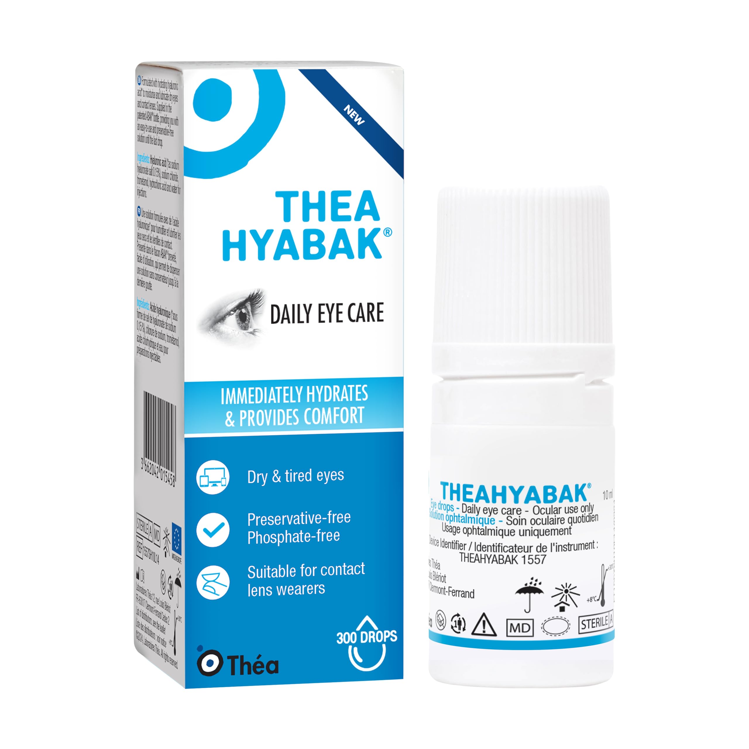 Thea Hyabak Eye Drops - Hyaluronic Acid for Dry Eyes, Contact Lens Moisturizing Lubricant, Occasional Dry Eye, Digital Device Use, Ideal for Extended Screen Use - 10 ml (300 Drops) 🍁 All In One Marketplace Canada