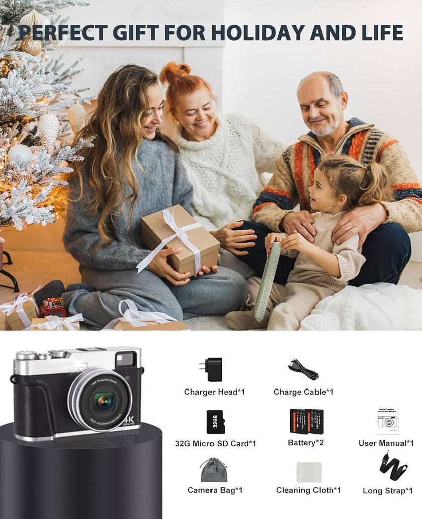 ToAuite 4K Digital Camera with Viewfinder, 48MP Autofocus Vlogging Camera for Photography and Video, Anti-Shake 16X Zoom Travel Portable Camera with Flash 32GB Card, Selfie YouTube Cameras with Dial 🍁 All In One Marketplace Canada