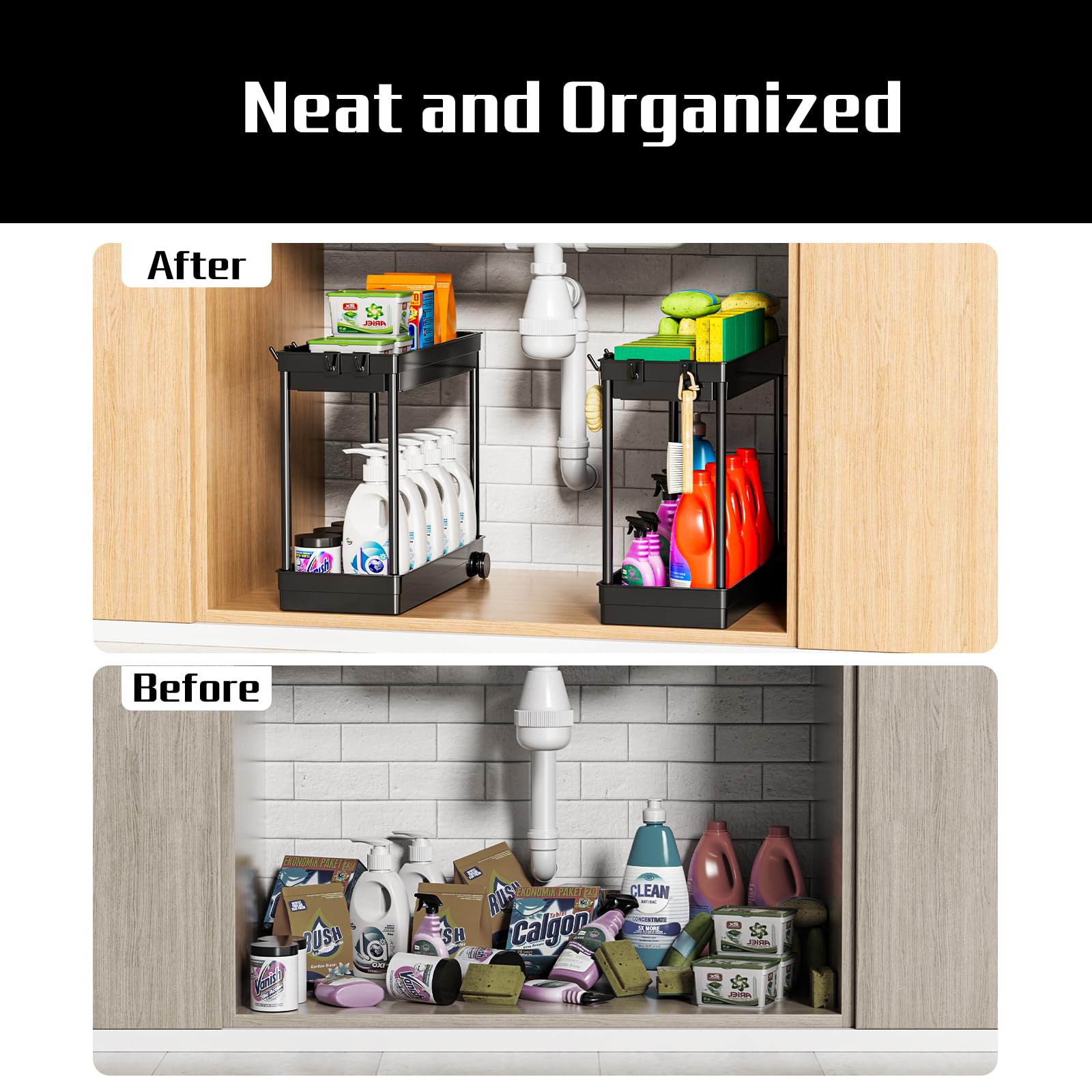 Cicilyna 2 Pack Under Sink Organizer, 2 Tier Bathroom Cabinet Organizers and Storage with Hook, Multi-purpose Storage Basket Shelf for Kitchen, Black 🍁 All In One Marketplace Canada
