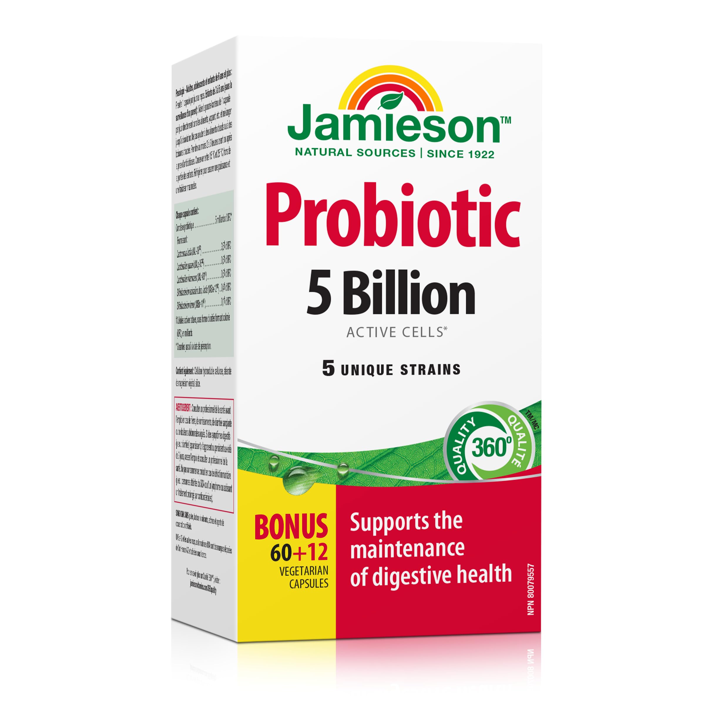 Jamieson Probiotic 5 Billion Active Cells, Bonus Size, Supports Digestive Health and Microbial Diversity. 5 Unique Strains, Including Lactobacillus and Bifidobacterium, Non-GMO, Gluten-Free, 72 Vegetarian capsules 🍁 All In One Marketplace Canada