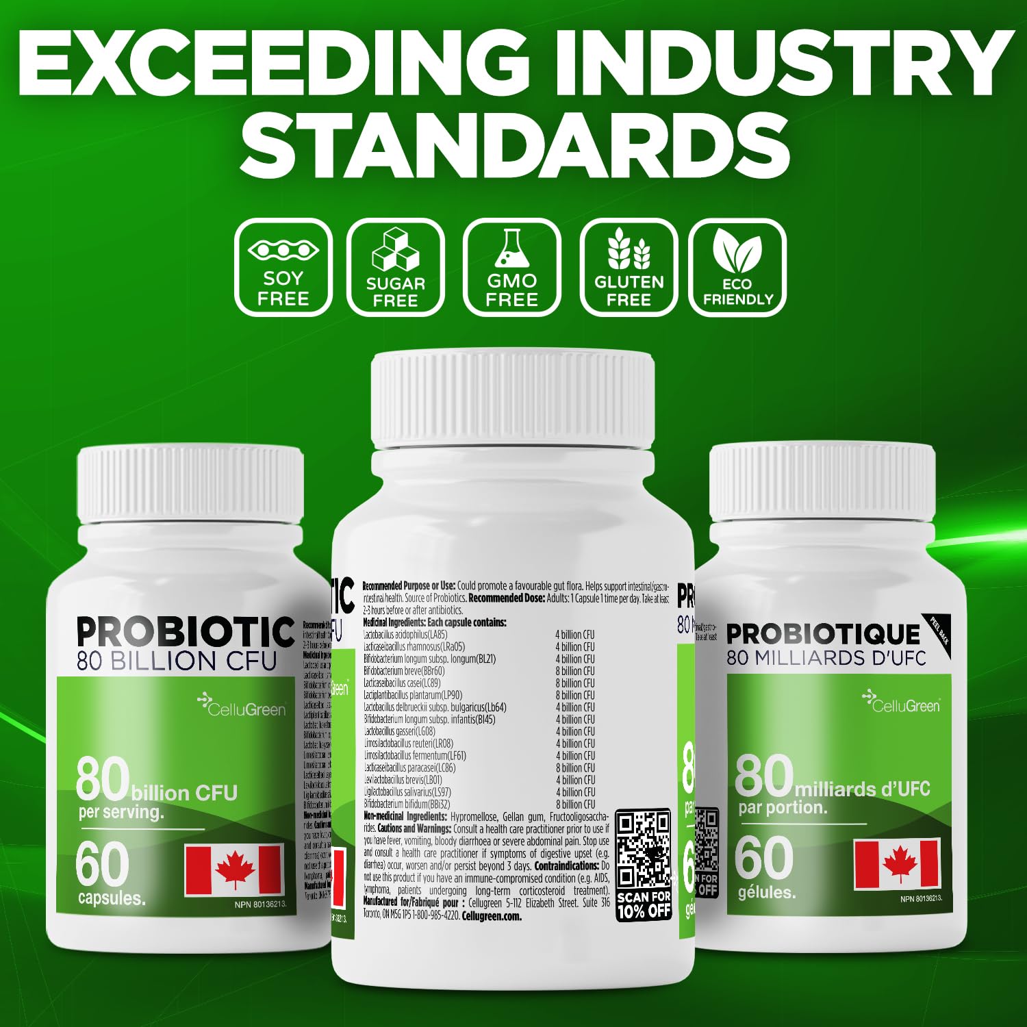 CelluGreen Probiotics 80 Billion CFU for Men & Women – 15 Strains – Digestive & Gut Health Support – Bloating & Gas Relief – Shelf Stable, Vegan, Non-GMO – 60 Capsules 🍁 All In One Marketplace Canada