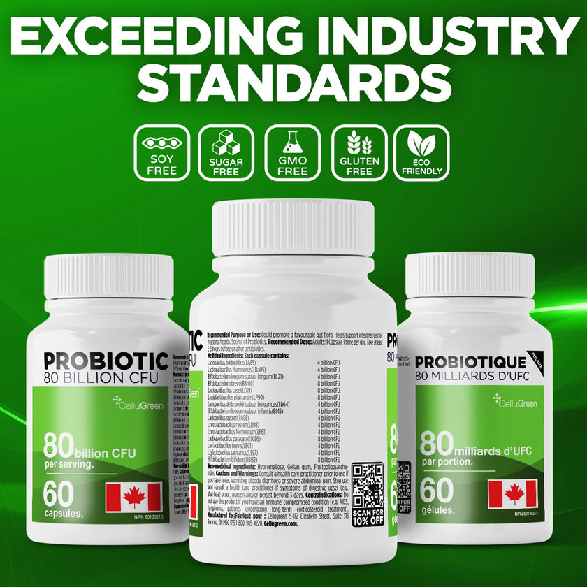 CelluGreen Probiotics 80 Billion CFU for Men & Women – 15 Strains – Digestive & Gut Health Support – Bloating & Gas Relief – Shelf Stable, Vegan, Non-GMO – 60 Capsules 🍁 All In One Marketplace Canada
