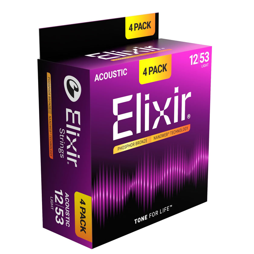 Elixir Strings, Acoustic Guitar Strings, Phosphor Bronze with NANOWEB Technology, Longest-Lasting Rich and Full Tone with Comfortable Feel, 4 Pack, Light 12-53 🍁 All In One Marketplace Canada