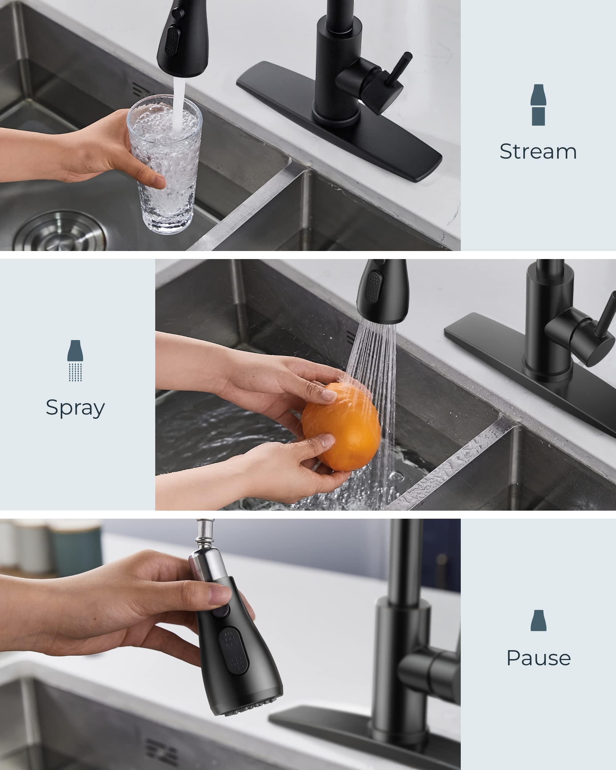 FORIOUS Black Kitchen Faucets with Pull Down Sprayer, Kitchen Sink Faucet with Pull Out Sprayer, Fingerprint Resistant, Single Hole Deck Mount, Single Handle Copper Kitchen Faucet, Matte Black 🍁 All In One Marketplace Canada