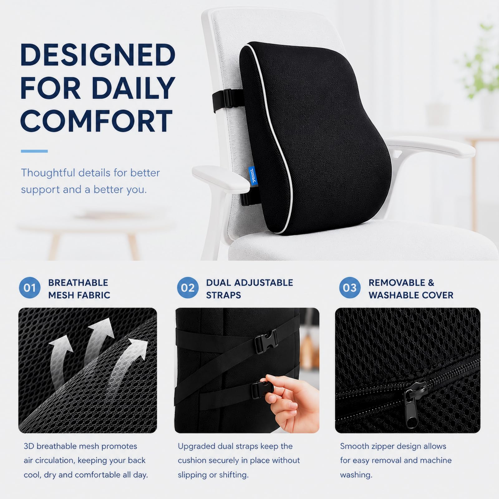 QUTOOL Lumbar Support Pillow for Office Chair, High-Density Memory Foam Back Cushion with Dual Adjustable Straps, Breathable 3D Mesh Cover, Ergonomic Back Support for Everyday Sitting 🍁 All In One Marketplace Canada