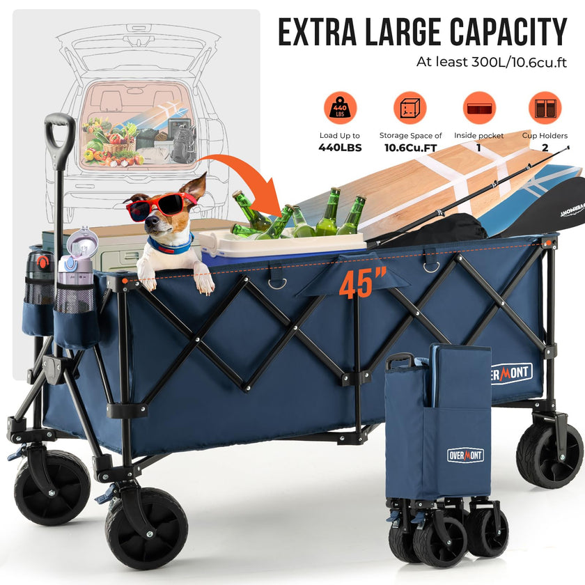 Overmont 300L Foldable Collapsible Wagon - Heavy Duty Utility Beach Wagon Cart with Rotatable Wide Wheels Inside Pockets for Camping Garden Shopping Sports - 440lbs Load 🍁 All In One Marketplace Canada