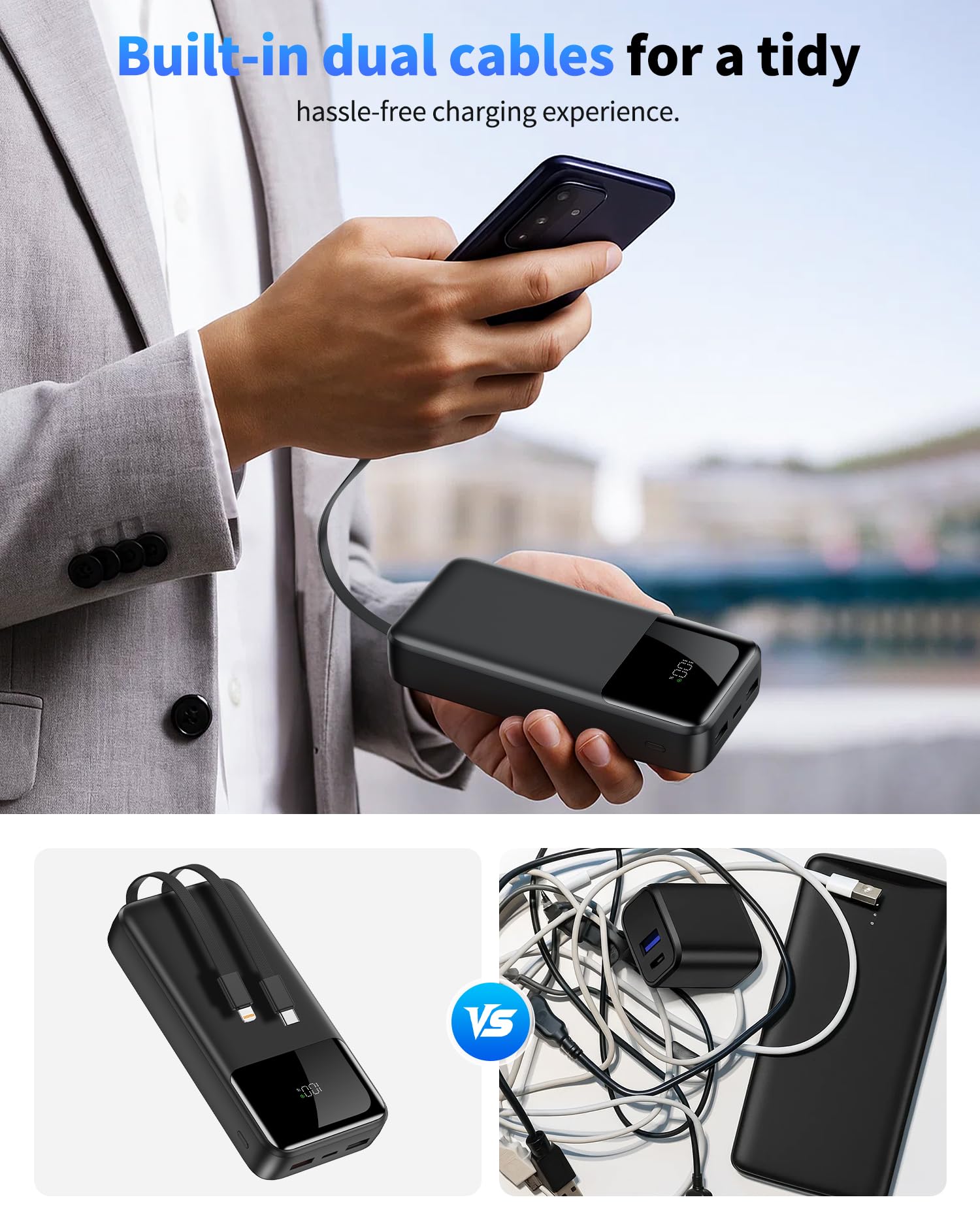 Power Bank Portable Charger 40000mAh, 22.5W Fast Charging, Built-in 2 Output Cable, Charge 5 Devices Simultaneously LCD Display for iPhone and Android Phones and Most Electronic Devices 🍁 All In One Marketplace Canada