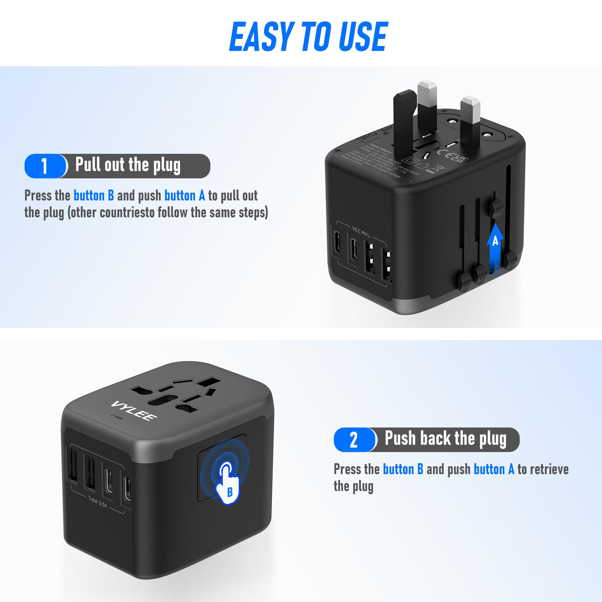 VYLEE Universal International Power Travel Plug Adapter, 5 in 1 European Travel Plug Adapter W/ 3.5A 2xUSB-A and 2xUSB C Wall Charger and Worldwide AC Outlet for Europe USA UK AUS Asia (Black Grey) 🍁 All In One Marketplace Canada