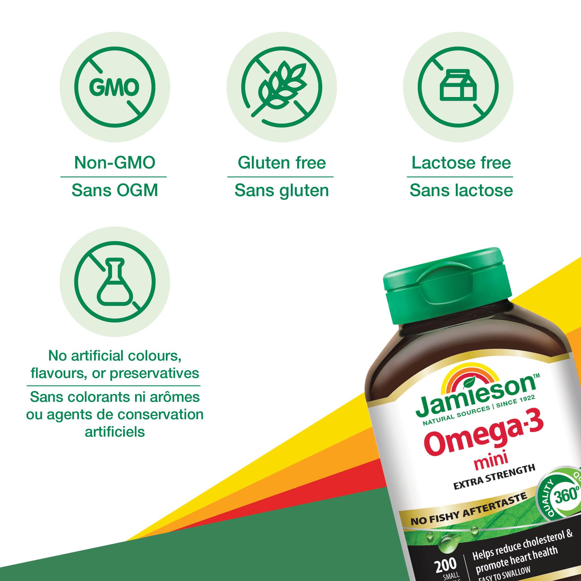 Jamieson Omega-3 Mini Softgels, No Fishy Aftertaste, Improves Heart Health, and Supports Brain Health. With 210 mg EPA and 140 mg DHA, No Burpback, Easy to Swallow, Gluten-Free, Non-GMO, 200 Count 🍁 All In One Marketplace Canada
