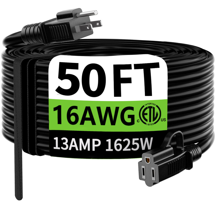 HUANCHAIN Indoor Outdoor Black Extension Cord 50 ft Waterproof, 16/3 Gauge Flexible Resistant Appliance Extension Cord Outside, 13A 1625W 16AWG SJTW, 3 Prong Electric Cable, ETL 🍁 All In One Marketplace Canada