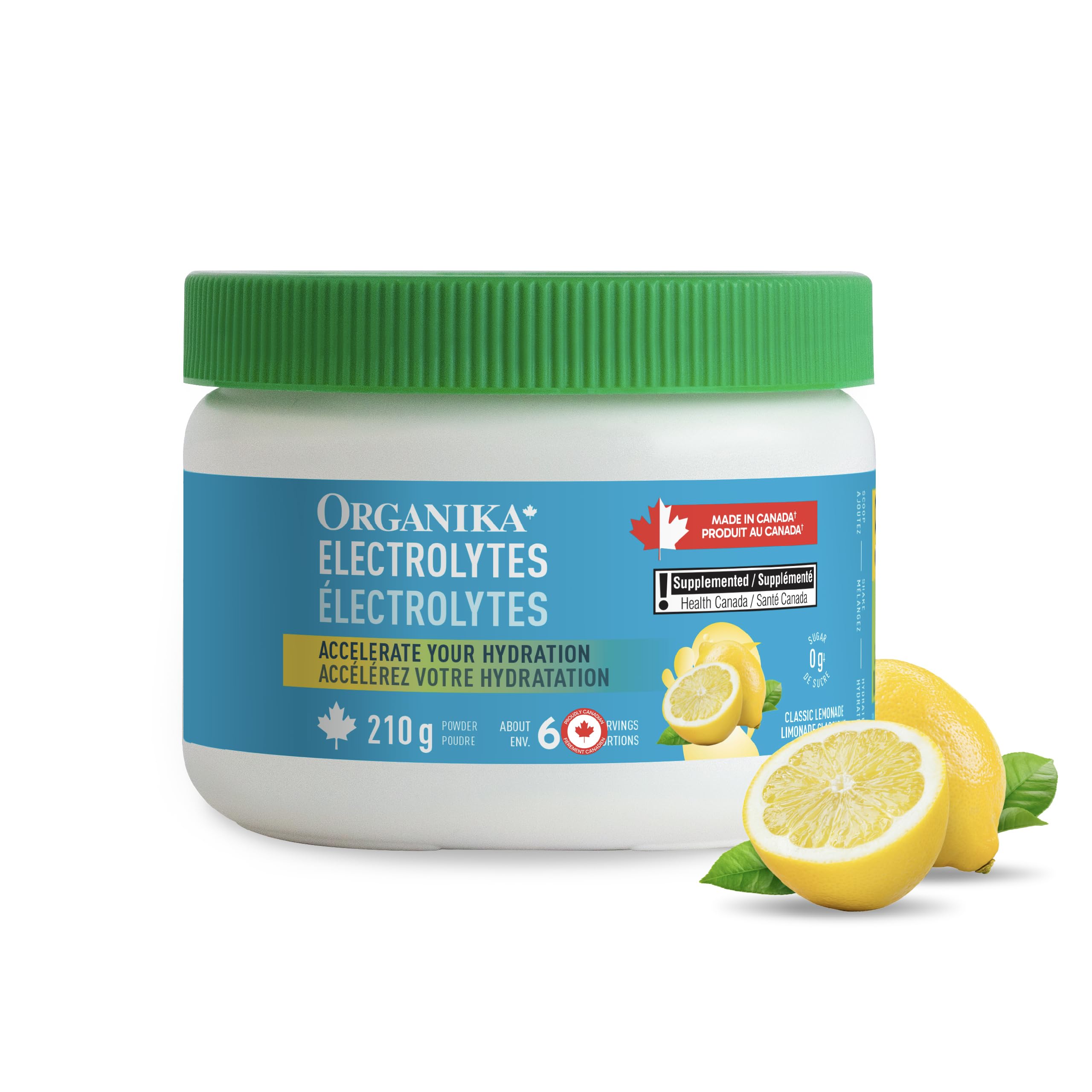 Organika Canadian-Made Electrolytes Powder with Vitamin C & Prebiotic Fibre - Sugar-Free Hydration Drink Mix - Classic Lemonade - 210 g - 60 servings 🍁 All In One Marketplace Canada