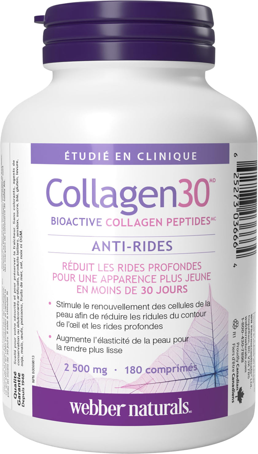 Webber Naturals Collagen30 Anti-Wrinkle, 2500 mg of Bioactive Collagen Peptides Per Serving, 180 Tablets, Helps Reduce Deep Wrinkles, Fine Lines & Stimulates Skin Cells 🍁 All In One Marketplace Canada