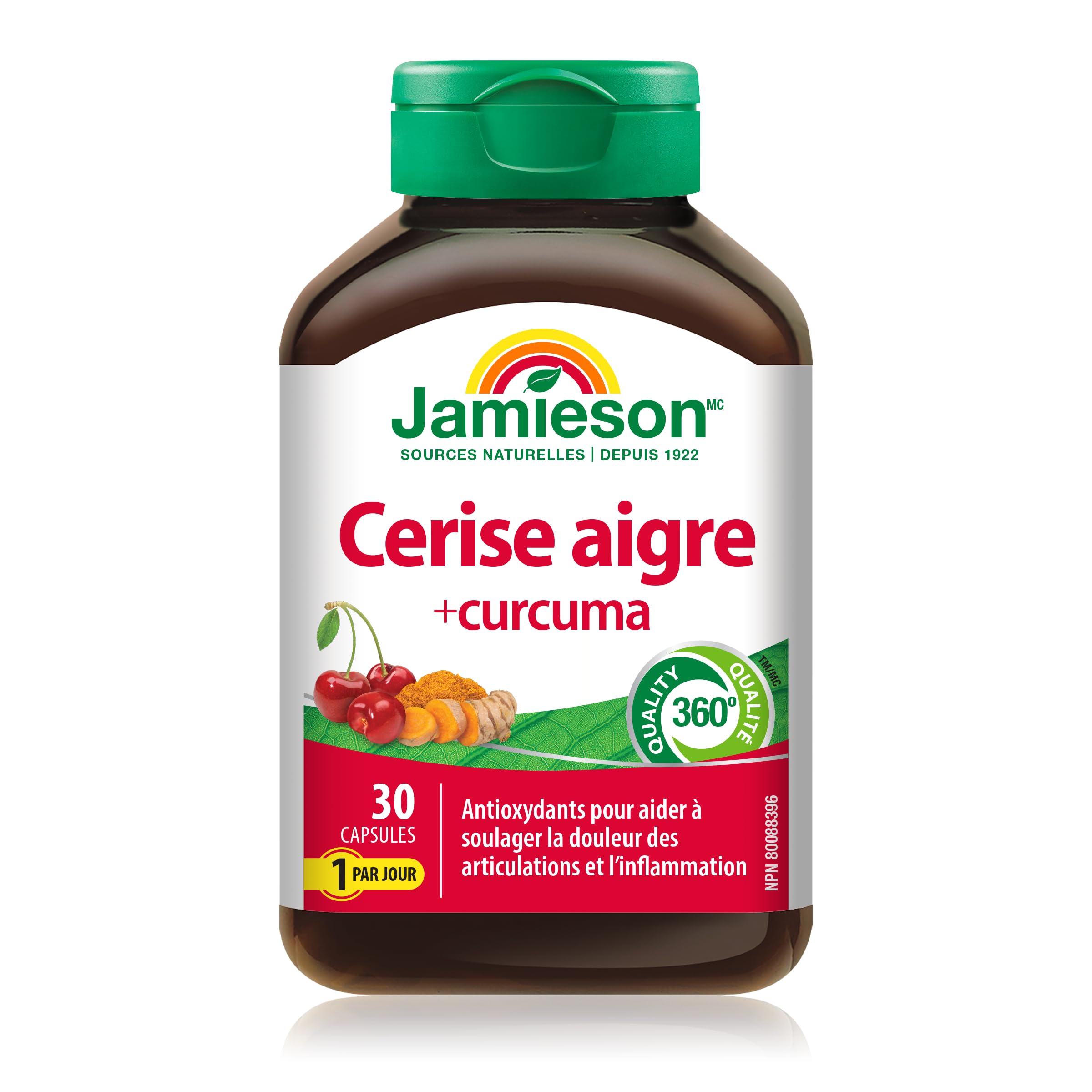 Jamieson Turmeric 100 mg with Tart Cherry 500 mg, Provides Natural Joint Pain Relief, Supports Inflammation, and Helps with Digestion. Non-GMO, 30 Vegetarian Capsules, Proudly Canadian 🍁 All In One Marketplace Canada