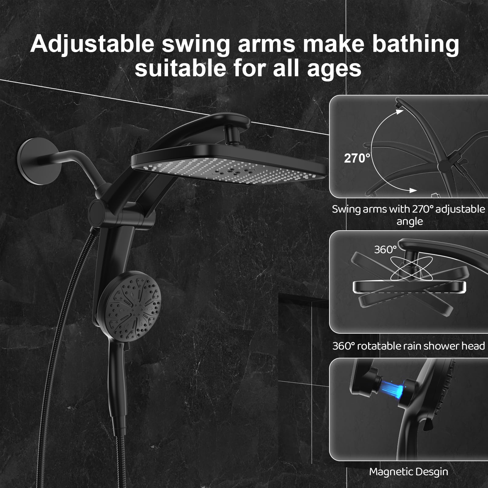 Rain Shower Head, Dual Shower Heads, Adjustable Integrated Bracket with Built-in Magnetic Base and Powerful Water Spray, with Handheld high-Pressure Spray Combination (Black). 🍁 All In One Marketplace Canada