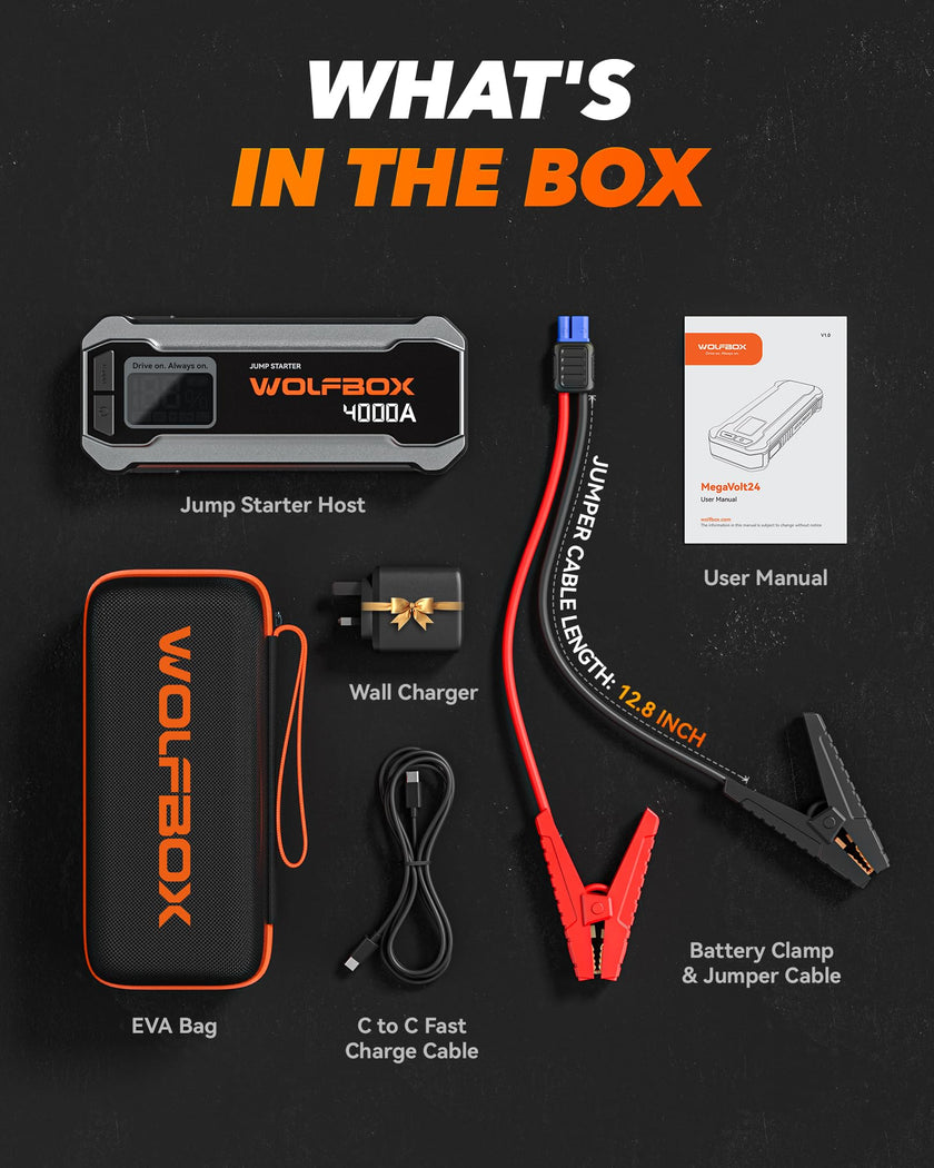 WOLFBOX MV24 4000A Jump Starter,12V Car Booster Pack with 65W Quick Charger,LED Display, 88.8Wh Portable Jump Starter Battery (10L Gas 10L Diesel Engine) with LED Light, Jumper Cables 🍁 All In One Marketplace Canada