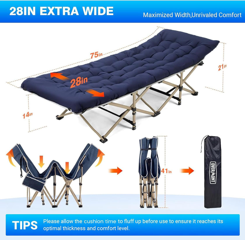 Overmont Camping Cot with Cushion - 28” Extra Wide Folding Cots for Adults Load 550 LBS with Carry Bag - Double Layer 2400D Oxford Sleeping Bed for Outdoor Travel Home Office Nap 🍁 All In One Marketplace Canada