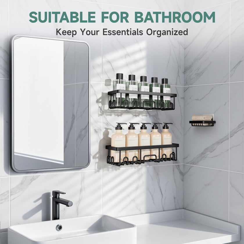 Veken Large Capacity Shower Caddy 3-Pack, No Drilling Adhesive Rack with Soap Holder, Rustproof & Waterproof Shelves, Bathroom Organizers and Storage, Wall-Mounted Kitchen & Home Decor, Black 🍁 All In One Marketplace Canada
