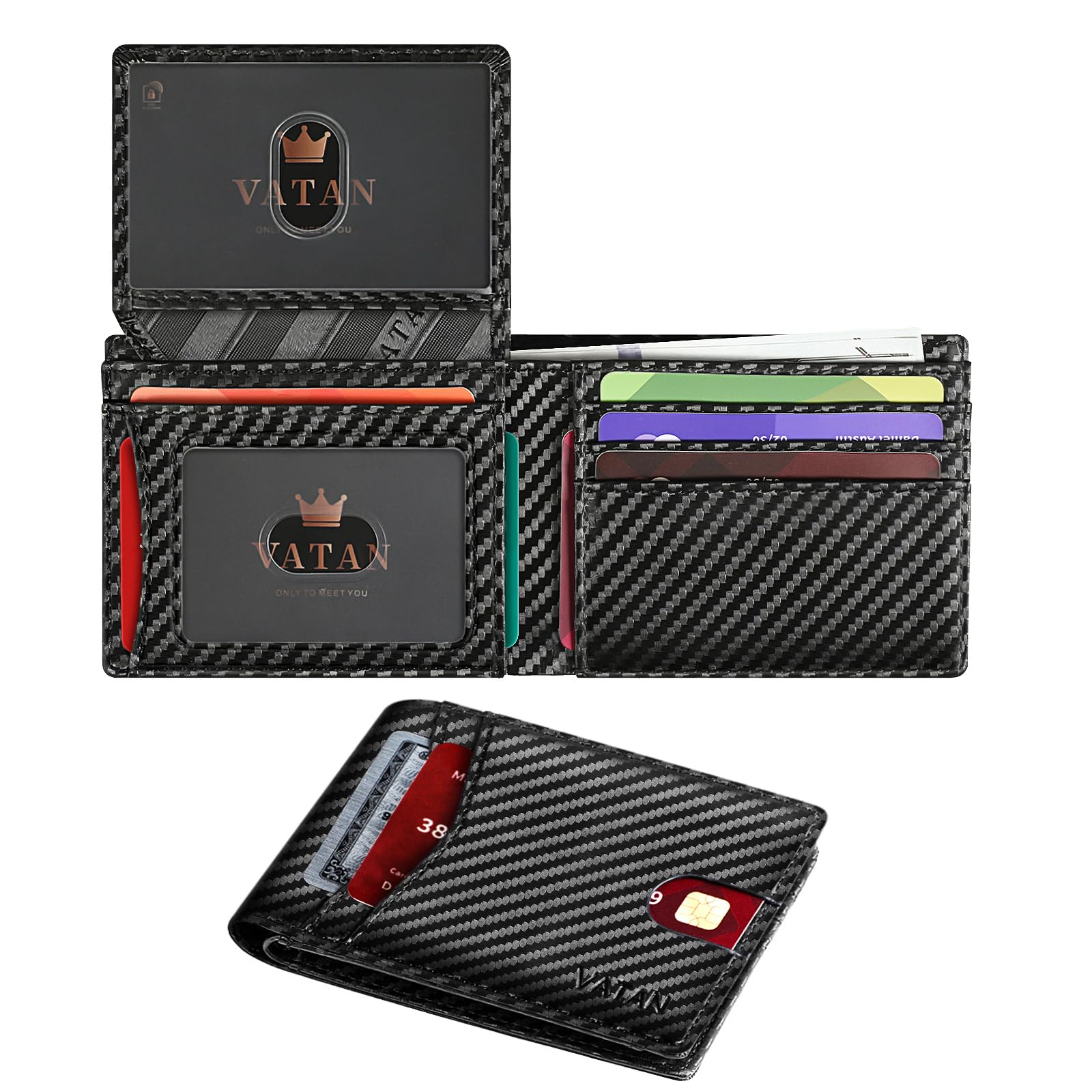 VATAN Wallet for Men Slim RFID Blocking Leather Credit Card Holder Wallet for 15 Cards, Bifold Minimalist Thin Wallet with 2 ID Windows & Cash Slot, with Gift Box (Carbon Fiber Black) 🍁 All In One Marketplace Canada