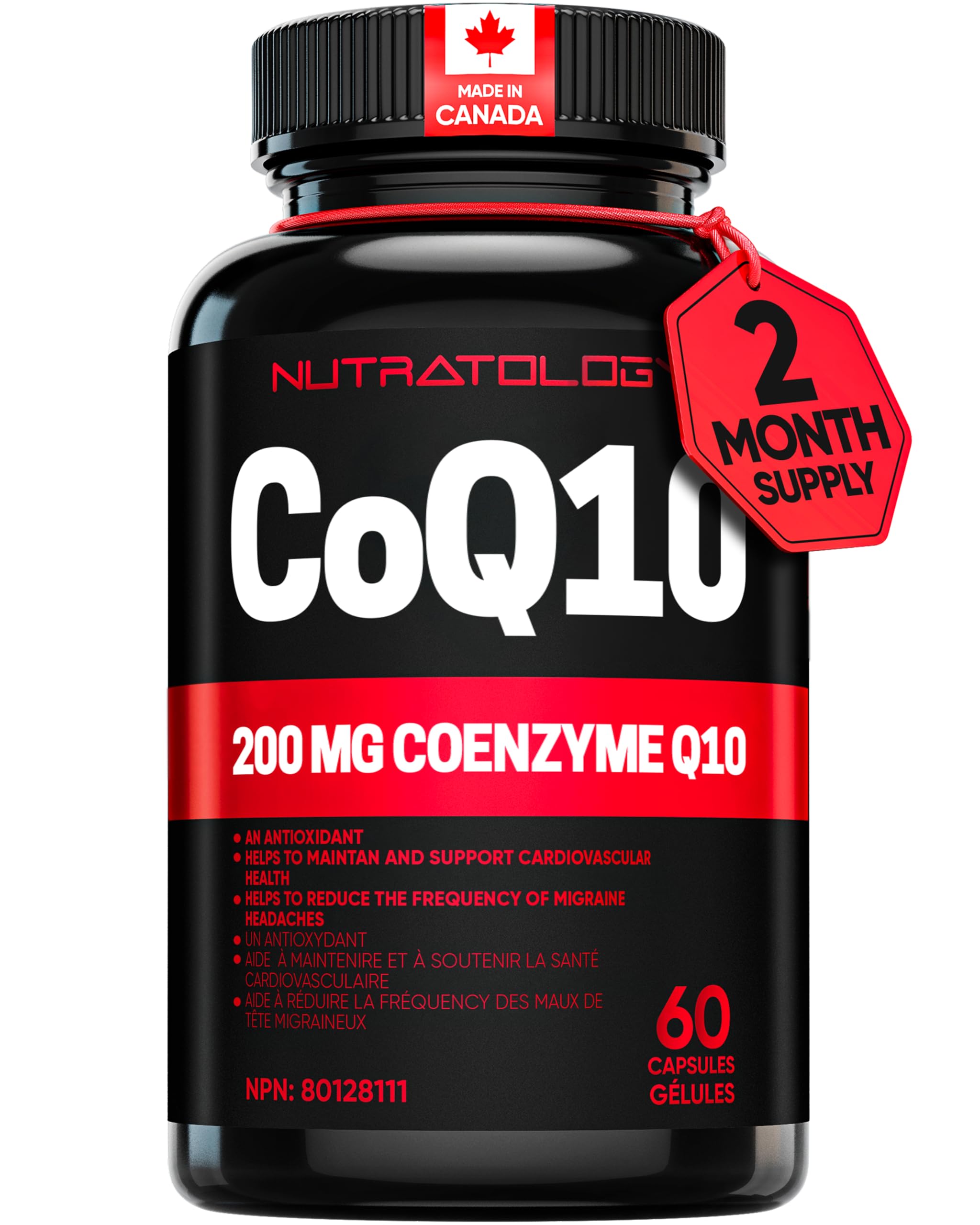 Nutratology® Coenzyme Q10 (CoQ10) 200MG - Cardiovascular Health Support - Antioxidant for Heart Health - Helps Reduce the Frequency of Migraines - CoQ10 Supplement - 60 Capsules 🍁 All In One Marketplace Canada