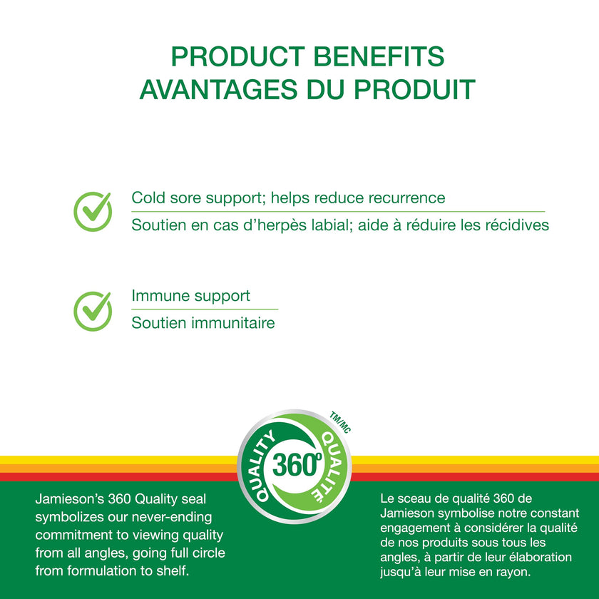 Jamieson Lysine 1,000 mg, with Zinc and Vitamin C, Cold Sore Support, and Helps Immune Health. Essential Amino Acid, Non-GMO, Gluten-Free, 60 Vegetarian Caplets, Proudly Canadian 🍁 All In One Marketplace Canada