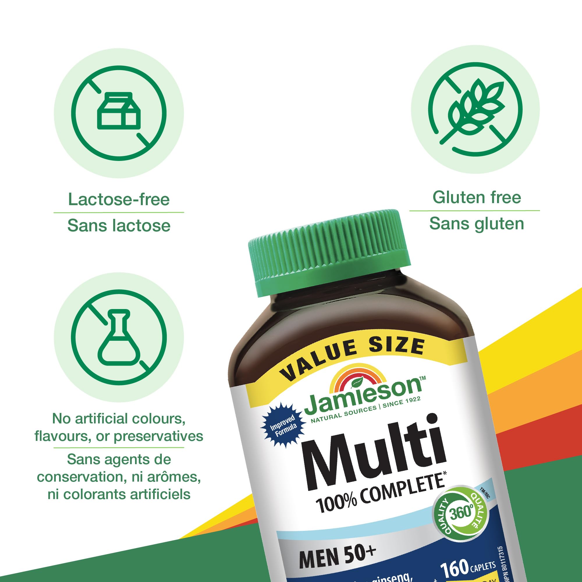 Jamieson 100% Complete Multivitamin For Men 50+, with Siberian Ginseng, Lutein, and More Magnesium. Supports Immunity, Energy, Overall Health, Eye Support, and Bone Health, Gluten-Free, One Per Day, 160 Caplets 🍁 All In One Marketplace Canada