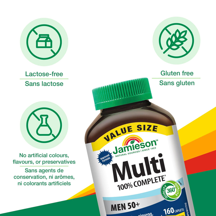 Jamieson 100% Complete Multivitamin For Men 50+, with Siberian Ginseng, Lutein, and More Magnesium. Supports Immunity, Energy, Overall Health, Eye Support, and Bone Health, Gluten-Free, One Per Day, 160 Caplets 🍁 All In One Marketplace Canada