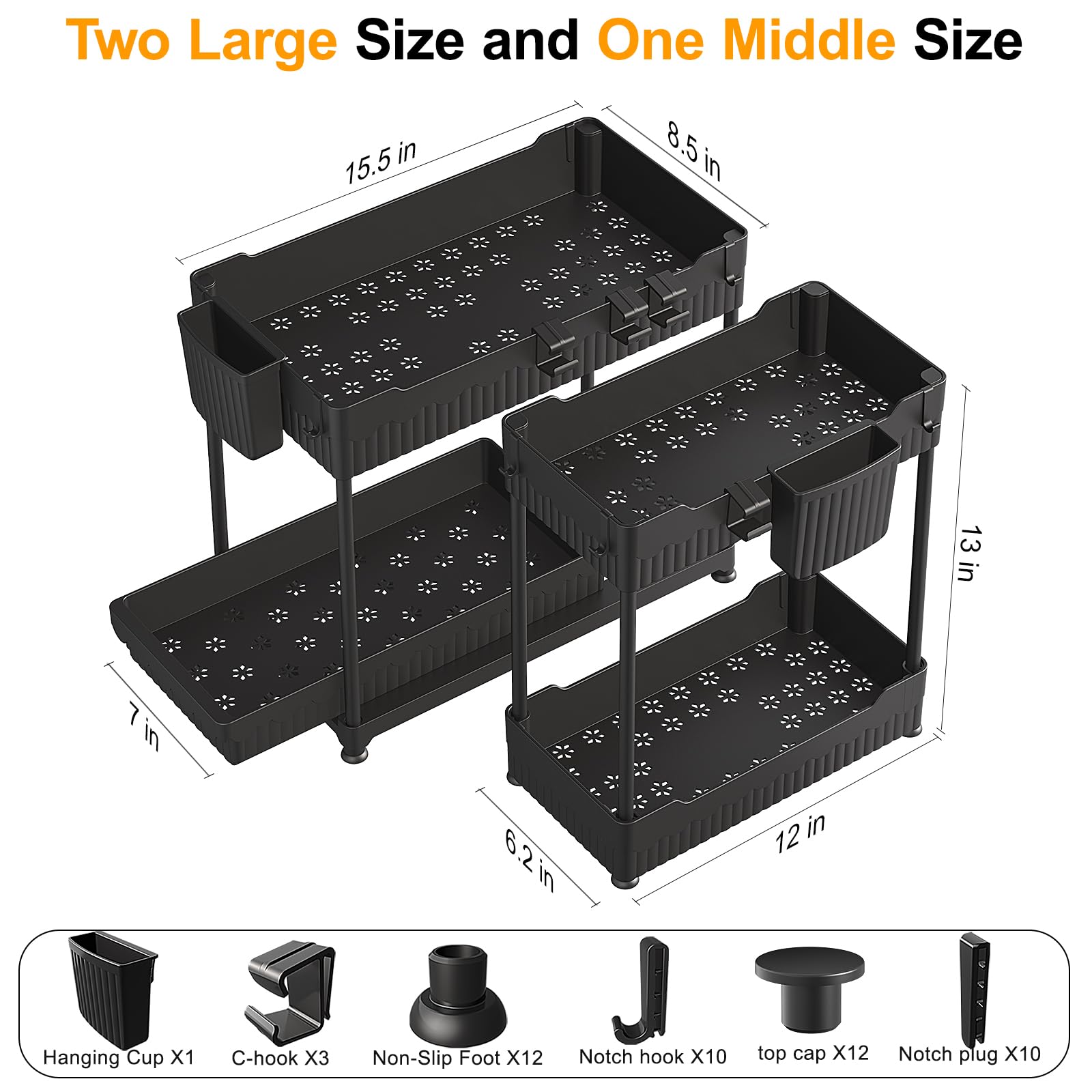 Sevenblue Under Sink Organizer 3 Pack, Bathroom Organizers, 2 Tier Multi-Use kitchen Organizers and Storage with Sliding Drawer, Hang Hooks and Cups, (Black) 🍁 All In One Marketplace Canada