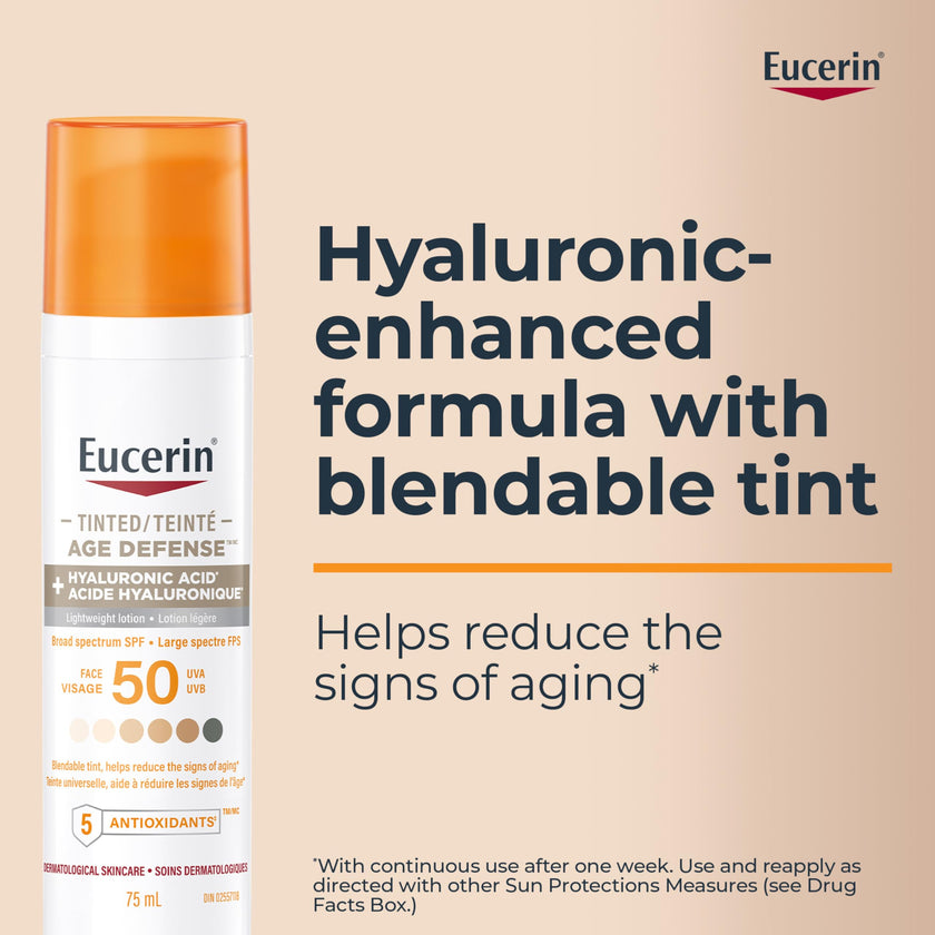 Eucerin Tinted Age Defense SPF 50 Face Sunscreen, Daily Face Sunscreen SPF 50 With Hyaluronic Acid and Antioxidants, Body SPF 50 Lotion with UVA-UVB Sun Protection, Fragrance Free & Non Greasy, 50 ml 🍁 All In One Marketplace Canada