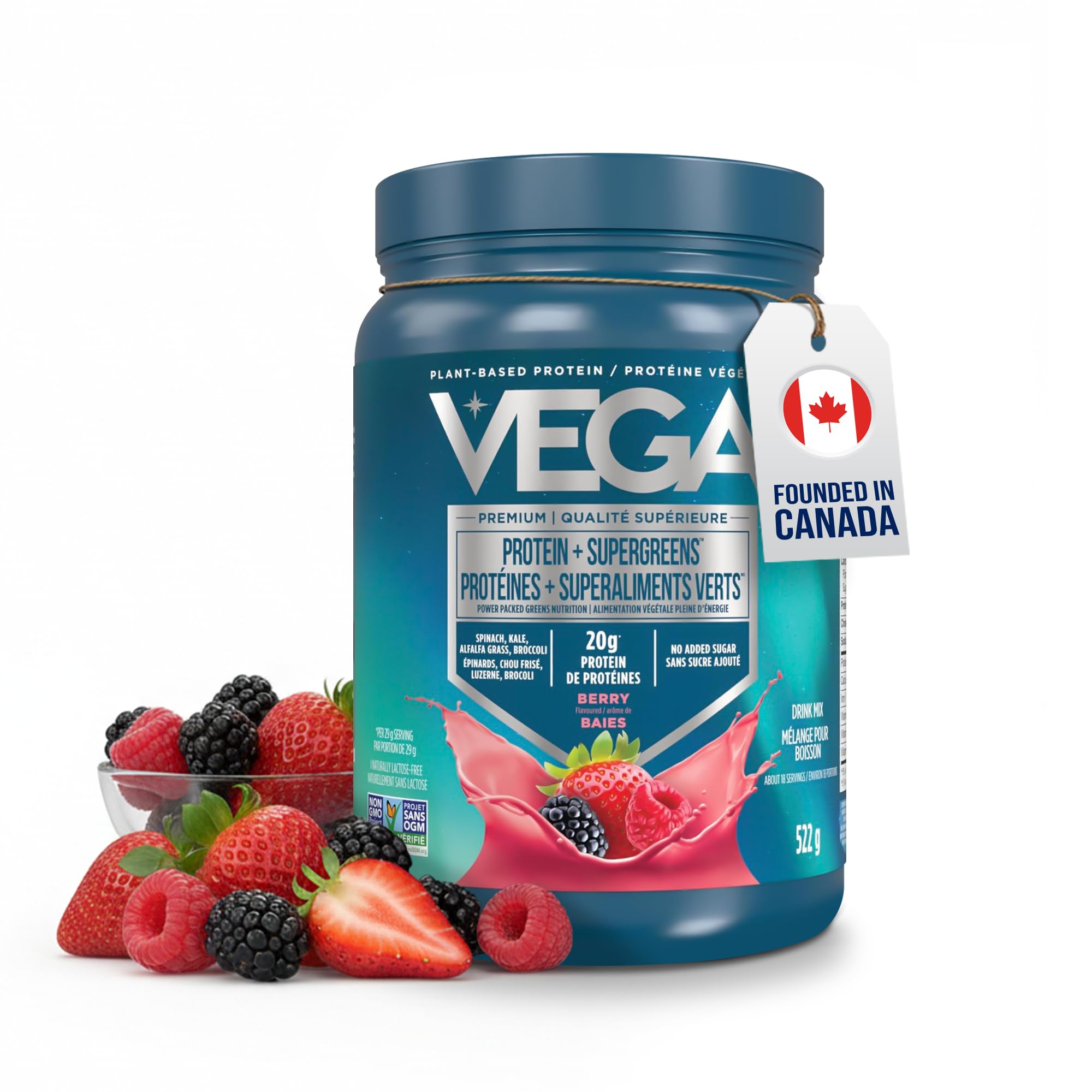 Vega Protein + Supergreens Vegan Plant Based Protein Powder – 20g Organic Pea Protein, Dairy-free, Healthy Breakfast Shake – Berry 18 Servings, 522 grams (Pack of 1) 🍁 All In One Marketplace Canada