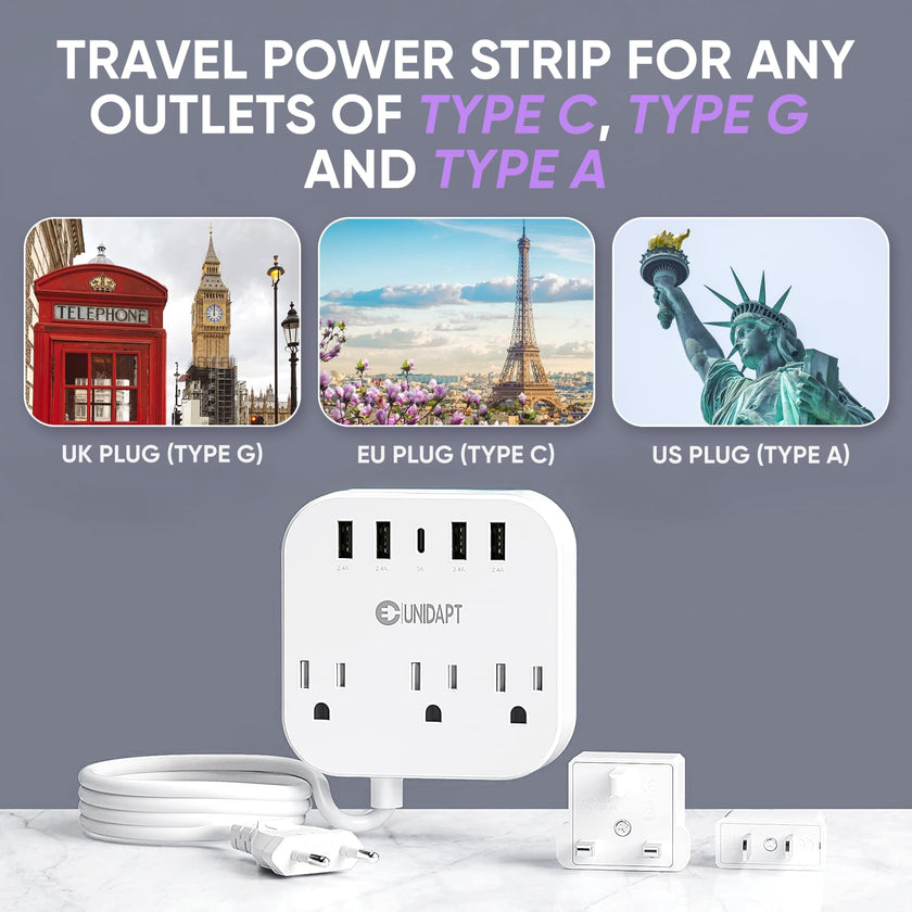 Unidapt European Plug Adapter, Unidapt US to UK Europe Power Strip for EU/UK/US with USB C and 4 USB Ports, 3 AC Outlets, Wall Mountable, 5ft Cord, for Travel Cruise Ship Home (WSS-603) 🍁 All In One Marketplace Canada