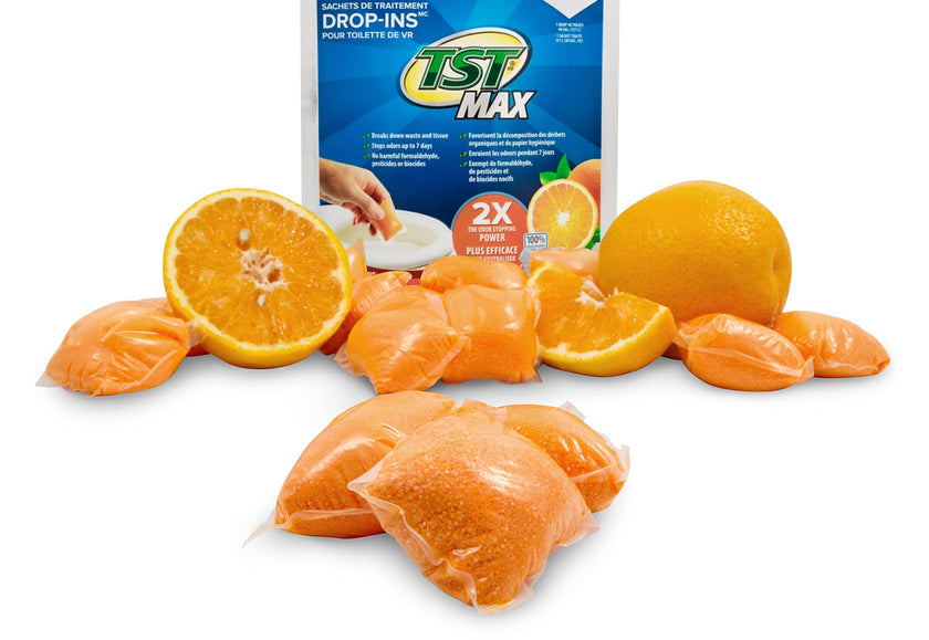 Camco TST MAX Camper/RV Toilet Treatment Drop-INs - Control Unwanted Odors and Break Down Waste and Tissue - Safe Septic Tank Treatment - Orange Scent, 15-Pack (41180) 🍁 All In One Marketplace Canada
