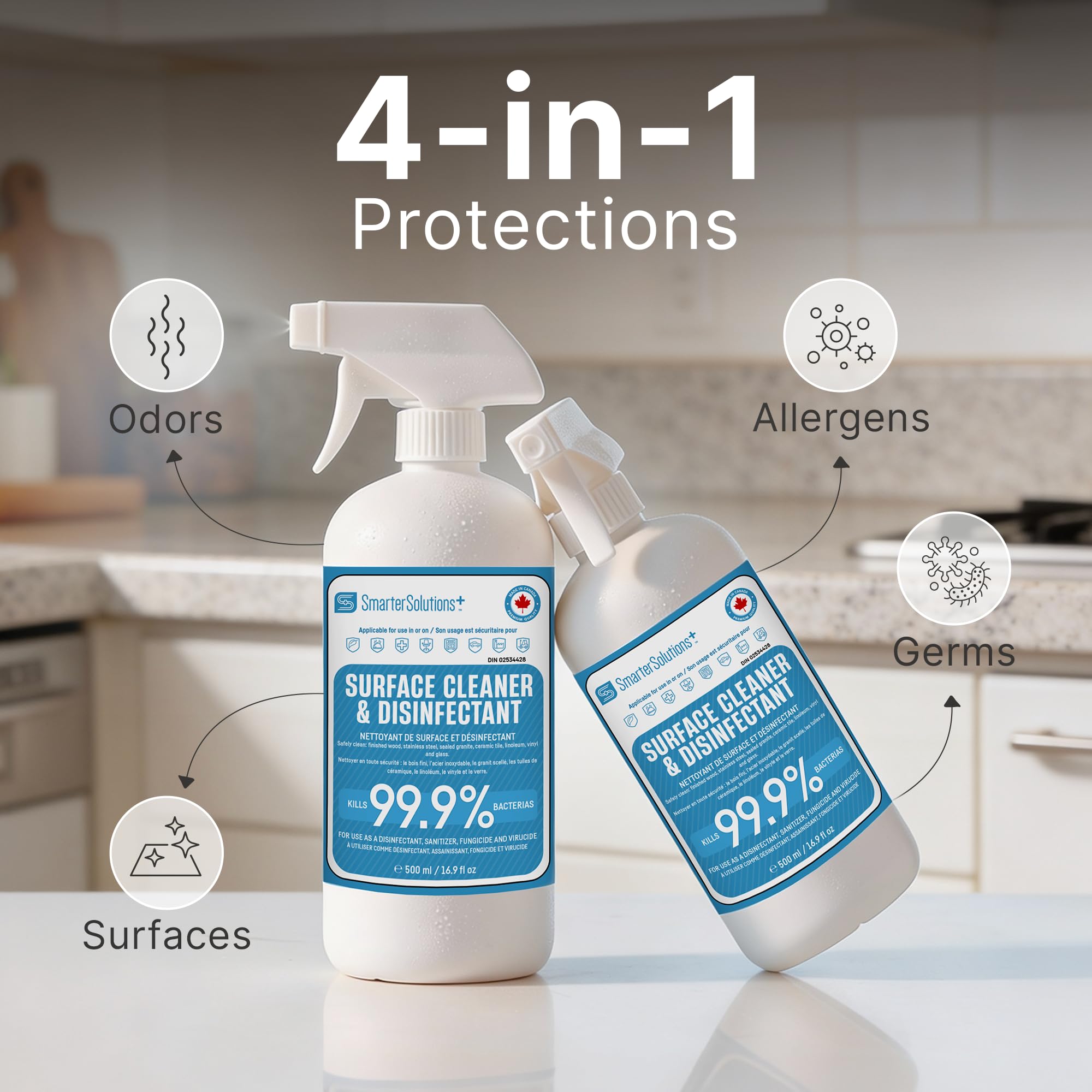 Hypochlorous Acid Spray Cleaning Solution, Made in Canada, Hospital Grade Disinfectant Spray, All-Purpose Sanitizer & Deodorizer, Eliminate Viruses Including Norovirus (2 Pack - 2 x 500ml) 🍁 All In One Marketplace Canada