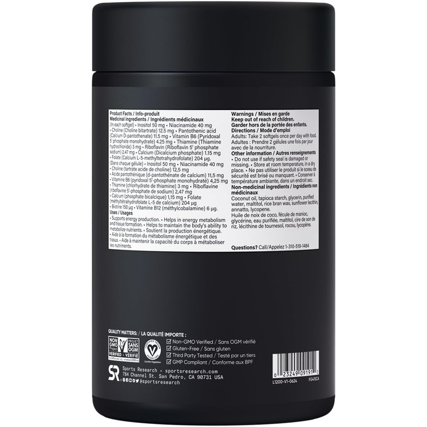 Sports Research® Vitamin B-Complex - Full Spectrum of B Vitamins with Methylated B12 & Folate - Gluten Free · Plant-Based · Non-GMO · Vegan-Friendly Formula - 120 Veggie Softgels 🍁 All In One Marketplace Canada