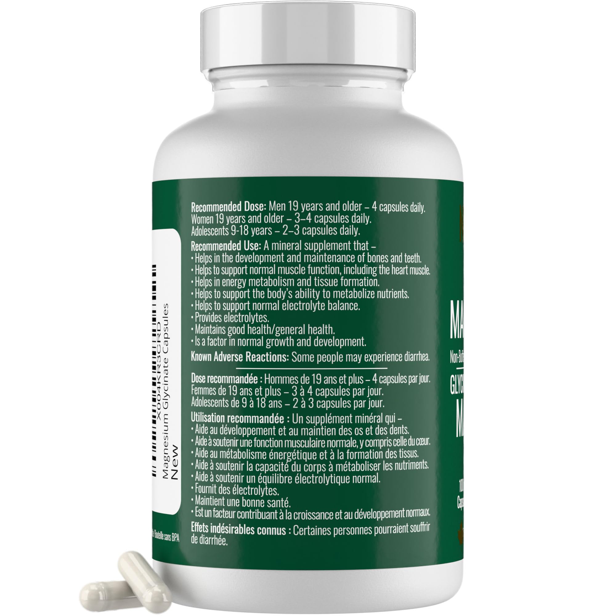Magnesium Glycinate 100 mg Capsules (Elemental) from Non-Buffered Fully Chelated 100% Magnesium Bisglycinate - 124 High-Absorption Capsules with No Additives - Made in Canada - Nutritionn 🍁 All In One Marketplace Canada