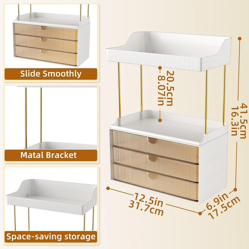 StorBin 3 Large Drawers Makeup Organizer - 5 Tier Bathroom Counter Organizers and Storage, Versatile Perfume Vanity Organizer, Ideal for Cosmetic, Large Skincare, Face Mask, Office Supplies, Amber 🍁 All In One Marketplace Canada