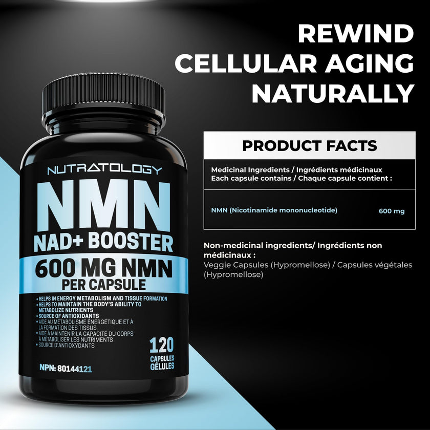 Nutratology® NMN Supplement - 1200 mg Per Serving - NAD+ Booster - Made In Canada - Premium 99% Purity - Protects Cellular Health & Supports Healthy Aging - 120 Capsules 🍁 All In One Marketplace Canada