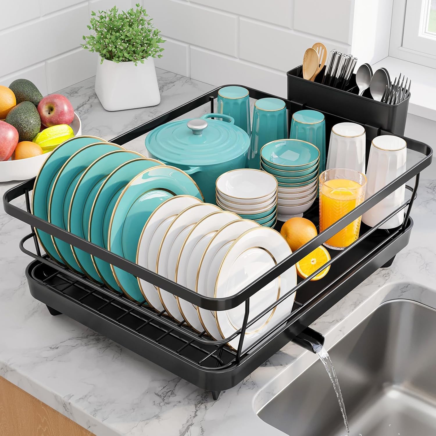 Sakugi Dish Drying Rack - Compact Dish Racks with Drain Board for Kitchen Counter, Durable Stainless Steel Dish Rack Used in Sink & on Countertop, Dark Black, Large 🍁 All In One Marketplace Canada