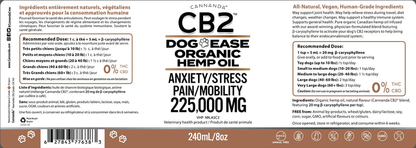 CB2 Hemp Oil for Dogs [225,000mg / 240mL / Organic] - Natural Hip and Joint Supplement for Dogs - Calming Anxiety Relief - Extra Strength for Pain, Inflammation, Arthritis, Stress, Aggression 🍁 All In One Marketplace Canada