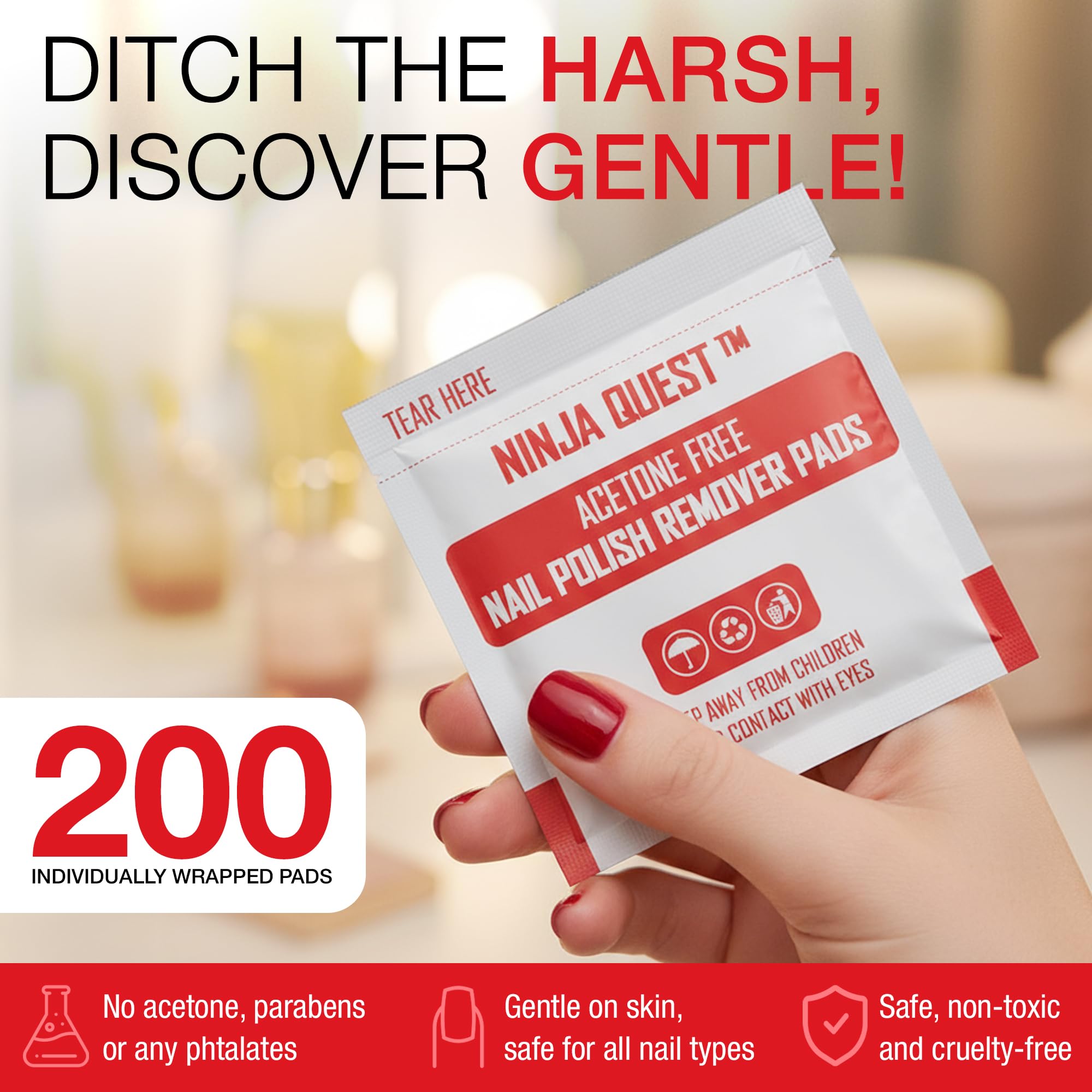 Nail Polish Remover Pads 100% Non Acetone - 200 Pack of Individually Wrapped Bulk Set Gel Nail Polish Remover Wipes - Fingernail Travel Kit to Clear Nail Polish for Home & Professional Removal 🍁 All In One Marketplace Canada