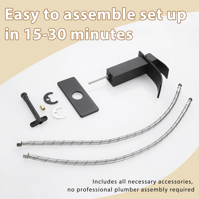 Fransiton Black Bathroom Faucet Bathroom taps 1 or 3 Hole Bathroom Sink Faucet Single Handle washroom Waterfall Faucet with Deck and Pop-up Drain 🍁 All In One Marketplace Canada