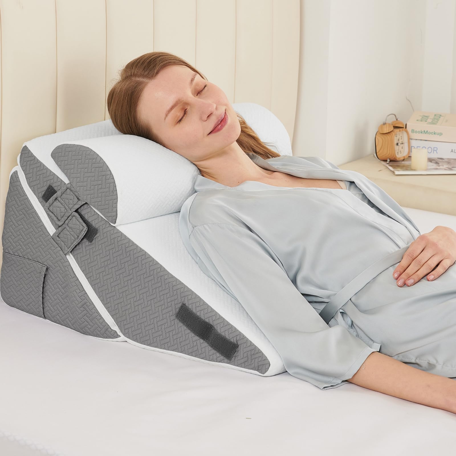 Sasttie Wedge Pillows for Adult, 2PCS Adjustable Bed Wedge Pillow for Post Surgery, Triangle Pillow Headboard with Bolster Cushion for Sleeping, Acid Reflux, Neck & Back Support, White and Dark Grey 🍁 All In One Marketplace Canada