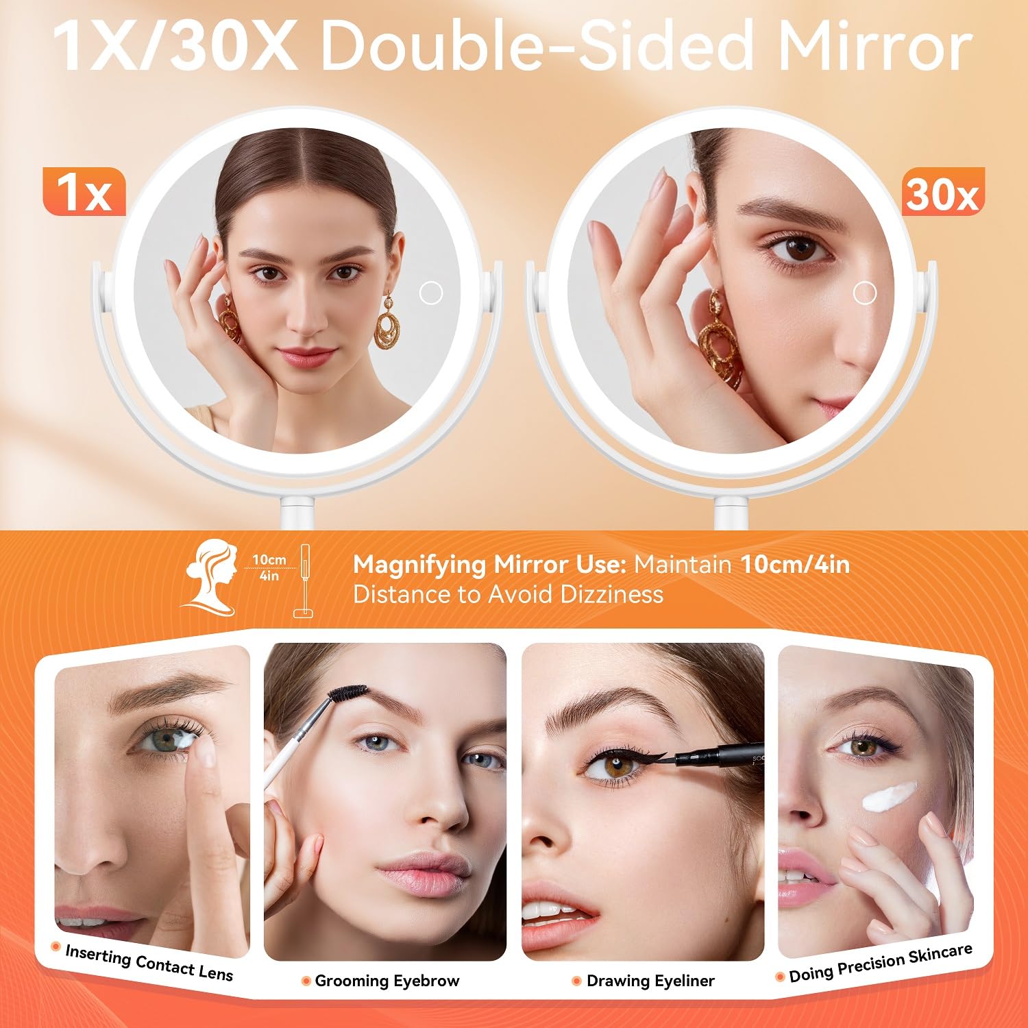Auxmir 30X/1X Magnifying Mirror with Light, Double-Sided Makeup Mirror with Storage Base&Touch Control, Rechargeable Vanity Mirror with 360°Rotation for Dressing Table Bathroom Bedroom Travel 🍁 All In One Marketplace Canada