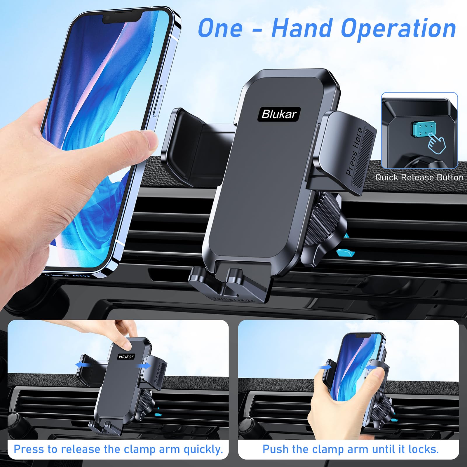 Blukar Phone Holder Car, Air Vent Car Phone Mount with Upgraded Ultra Stable Hook Clip, 360° Rotation, One Button Release Cellphone Holder for iPhone, Google, Galaxy and All Mobile Phones 🍁 All In One Marketplace Canada