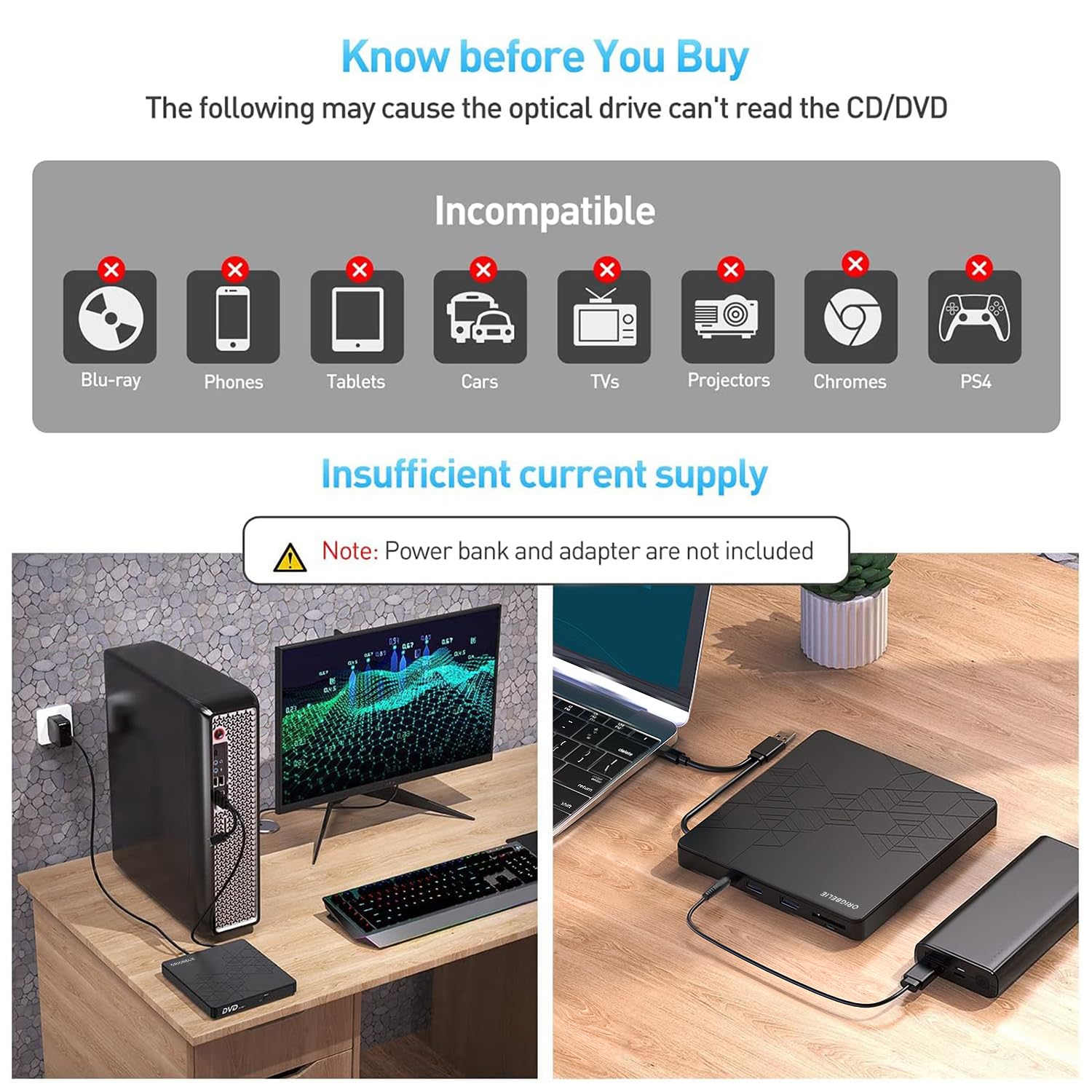 ORIGBELIE External DVD Drive, CD Drive USB 3.0 Typle C CD/DVD ROM +/-RW Adapter with USB Port DVD Burner for Laptop PC Desktop Computer, Optical Disk Drive CD Player Compatible with Mac Windows Linux 🍁 All In One Marketplace Canada
