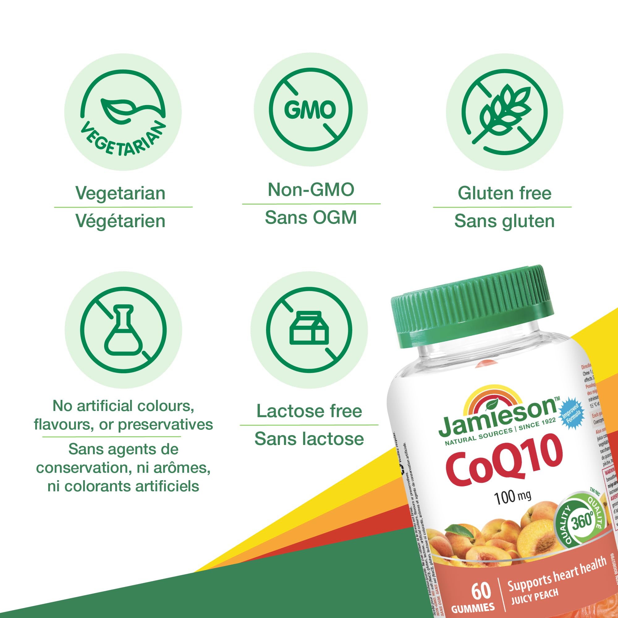 Jamieson CoQ10 Gummy, 100 mg, 60 Juicy Peach Flavoured Gummies. Supports Heart Health and Reduces Frequency of Migraines. Vegetarian, No Artificial Colours, Flavours, or Preservatives 🍁 All In One Marketplace Canada