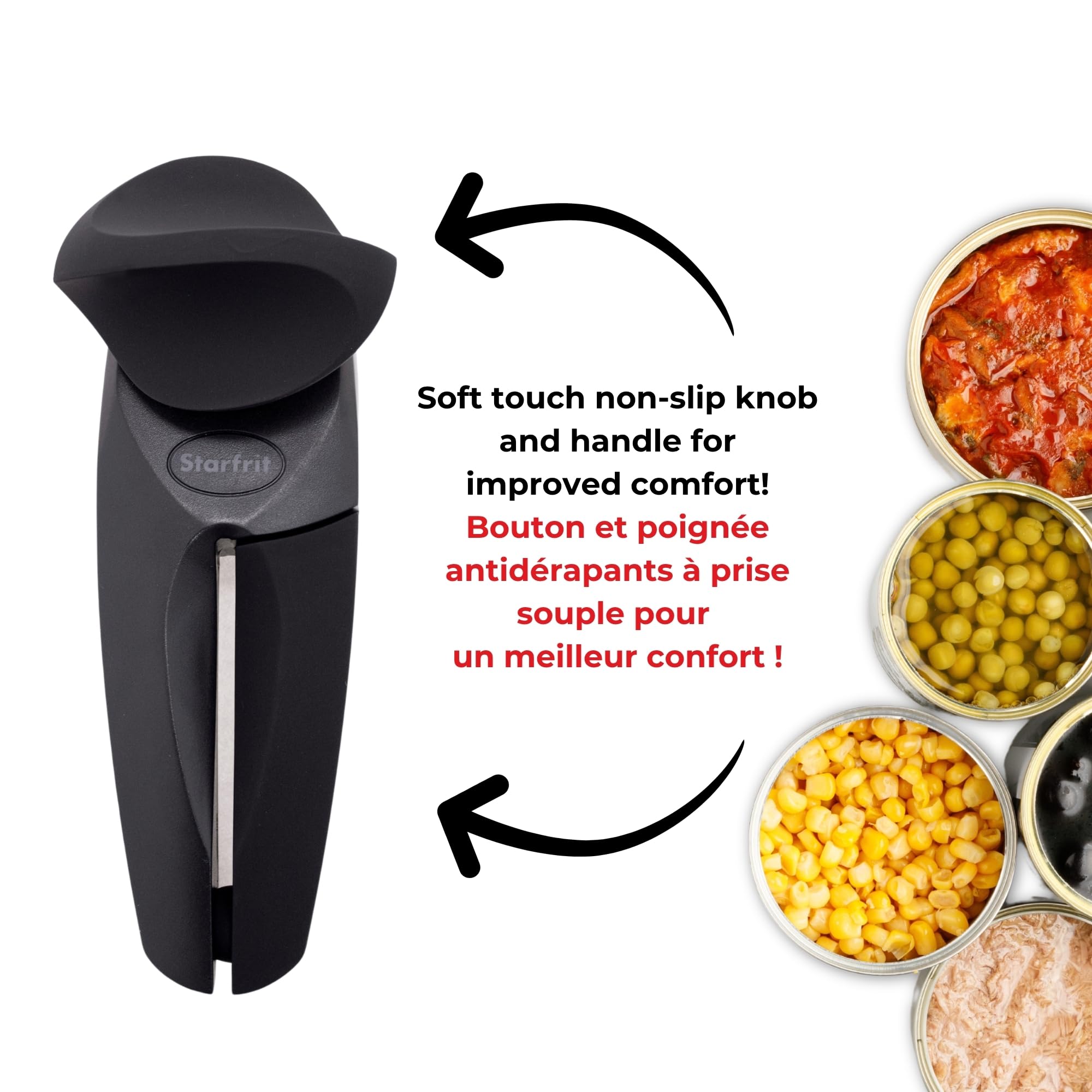 Starfrit MightiCan Can Opener, Safe Smooth-Cut Design, Holds Lid and Leaves No Sharp Edges, Comfort Grip Handle, Heavy-Duty Non-Slip Knob, 3-Year Warranty, Black 🍁 All In One Marketplace Canada